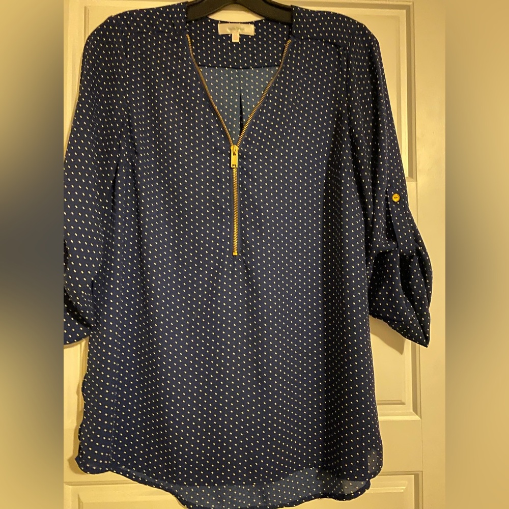 STELLA TWEED Navy Blue Polka Dot Flowy Top Size Medium